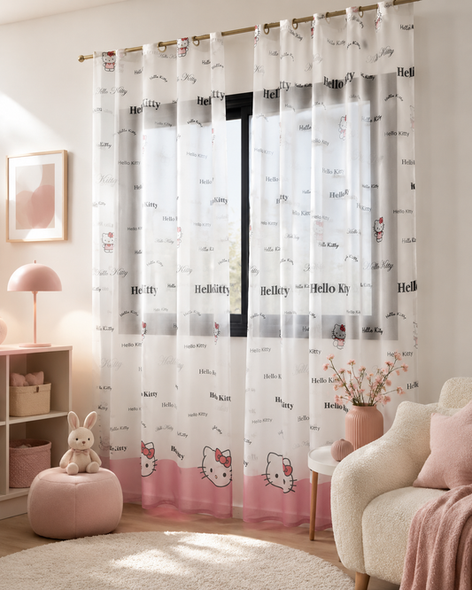 Voilage Hello Kitty Dégradé Rose - Prêt à poser avec Anneaux Acier argenté
