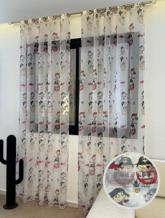 Voilage Transparent Motifs Pirates Enfant - Prêt à poser avec Anneaux Acier argenté