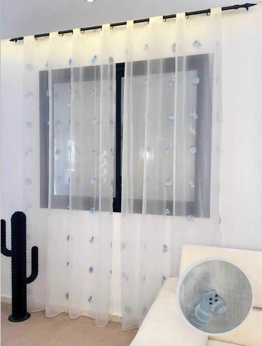 Voilage Transparent Motifs Oursons Bleus - Prêt à poser avec Anneaux Acier argenté