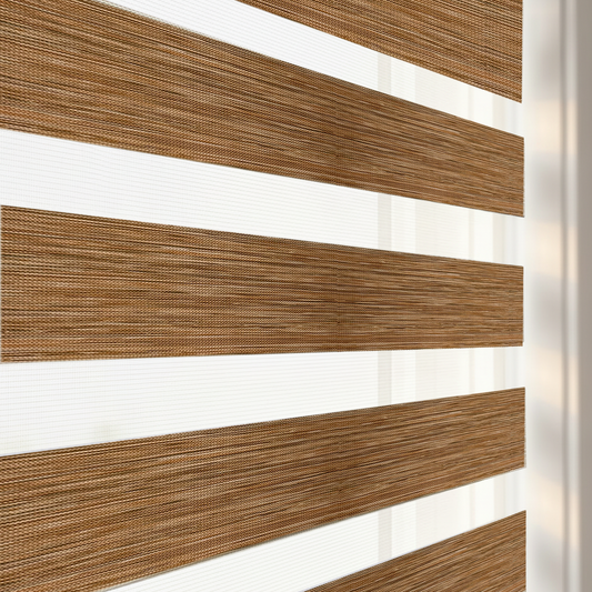 Store zebra uni effet lin coloris caramel ambré réf. EM-404, store jour nuit sur mesure Bargaoui Rideaux