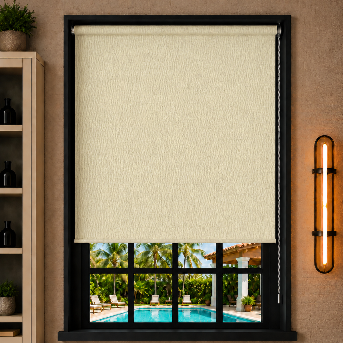 Store screen occultant coloris beige grisé réf. G2-2200-6, toile 100% Black-out sur mesure Bargaoui Rideaux