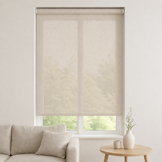 Store screen enrouleur coloris ivoire lin naturel réf. LK-136, toile 50% Black-out sur mesure Bargaoui Rideaux