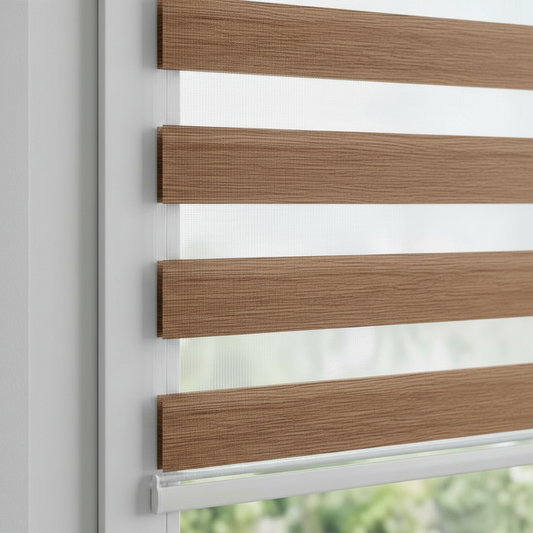 Store zebra uni effet lin coloris bois naturel réf. MR-190S, store jour nuit sur mesure Bargaoui Rideaux
