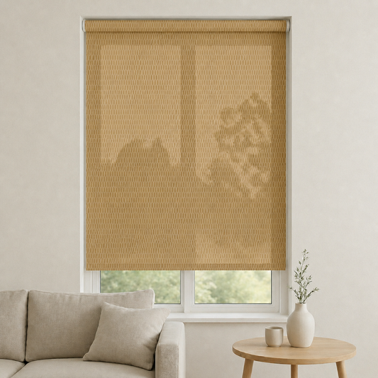 Store screen enrouleur coloris beige miel géométrique réf. R-355, toile 50% Black-out sur mesure Bargaoui Rideaux