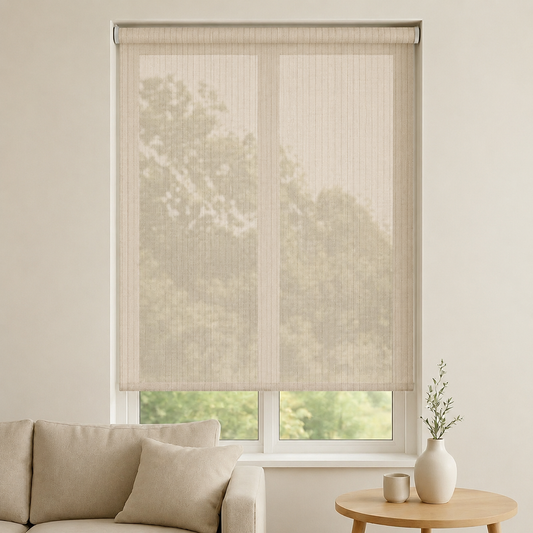 Store screen enrouleur coloris crème rayures verticales réf. R-366, toile 25% blackout sur mesure Bargaoui Rideaux