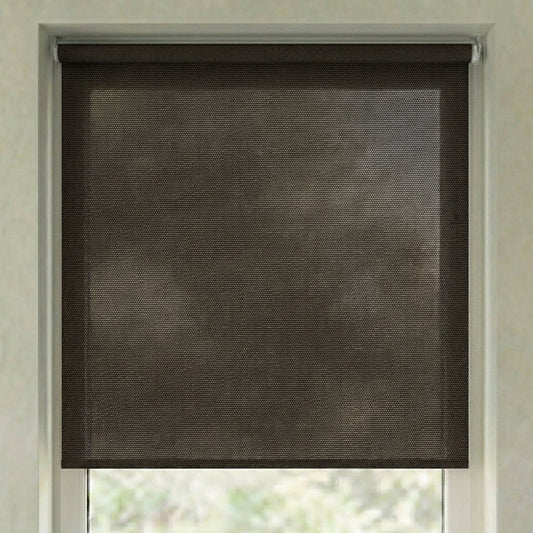 Store screen enrouleur coloris noir petits points marron réf. S2-710, toile 75% Black-out sur mesure Bargaoui Rideaux