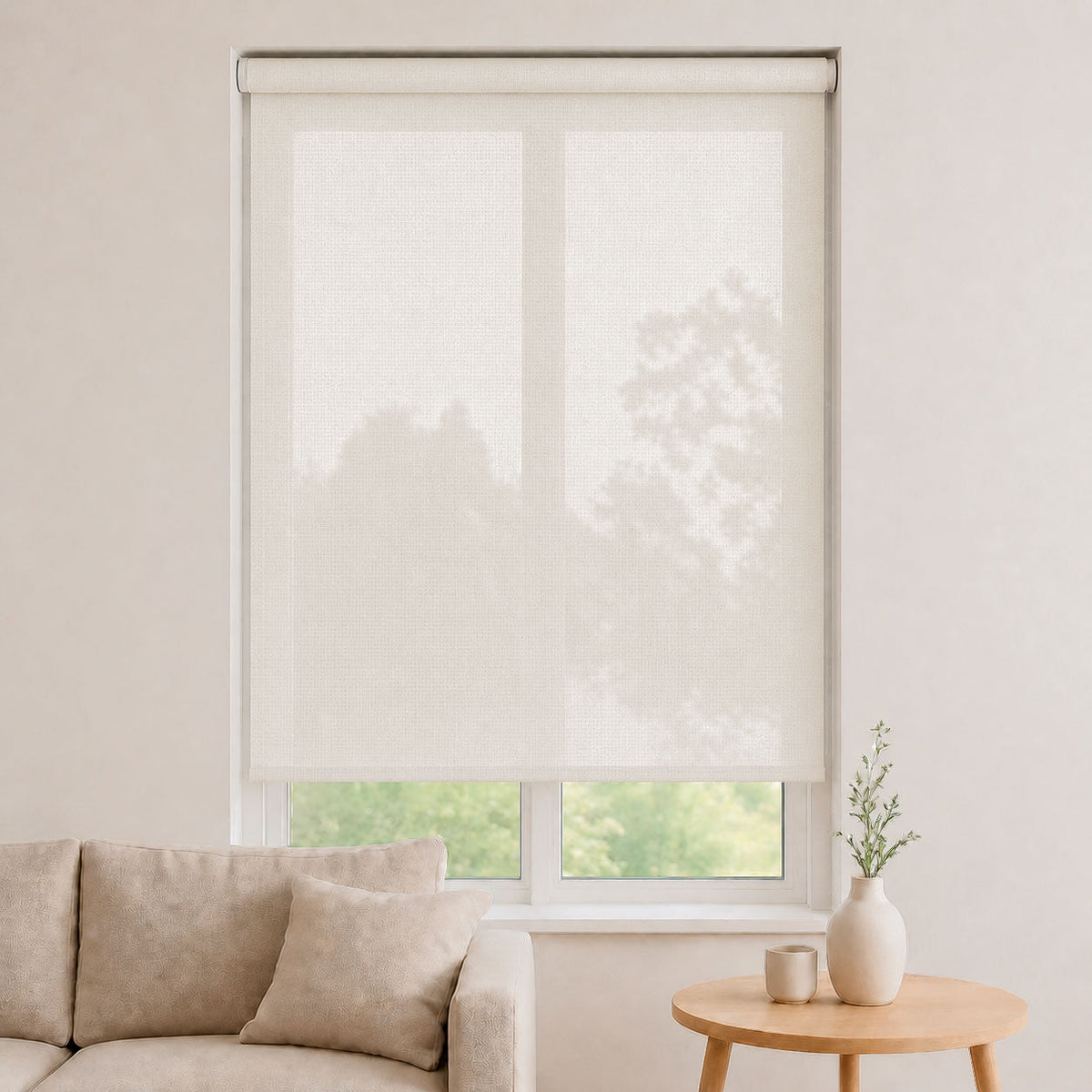 Store screen enrouleur coloris blanc cassé floral vanille réf. SC-1, toile 25% blackout sur mesure Bargaoui Rideaux
