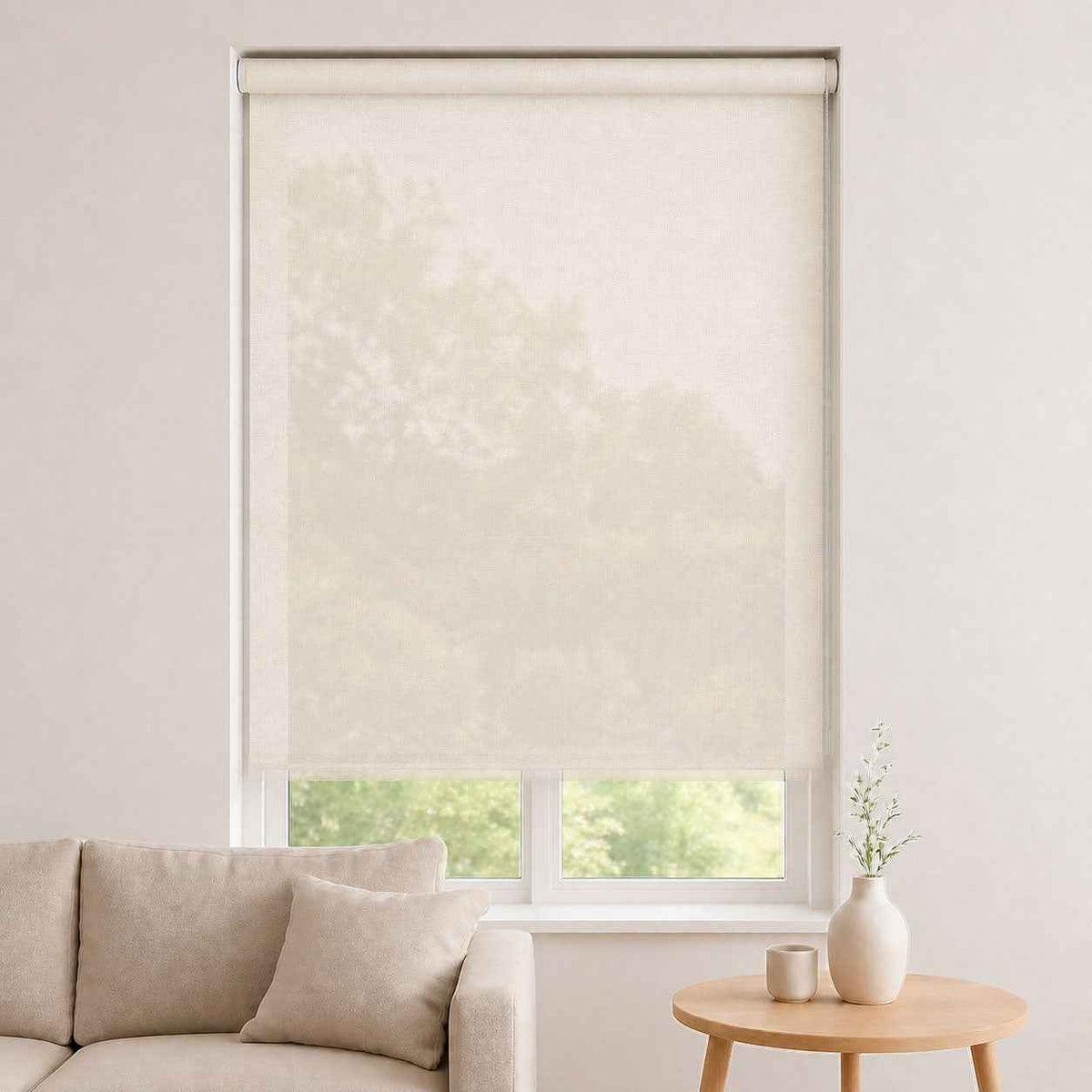 Store screen enrouleur coloris ivoire maille naturelle réf. SC-2, toile 25% blackout sur mesure Bargaoui Rideaux