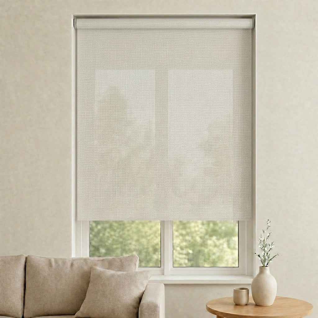 Store screen enrouleur coloris gris perle tissé réf. SC-42-Plus, toile 25% blackout sur mesure Bargaoui Rideaux