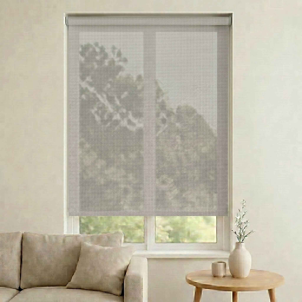 Store screen enrouleur coloris gris lin clair réf. SC-76, toile 25% blackout sur mesure Bargaoui Rideaux