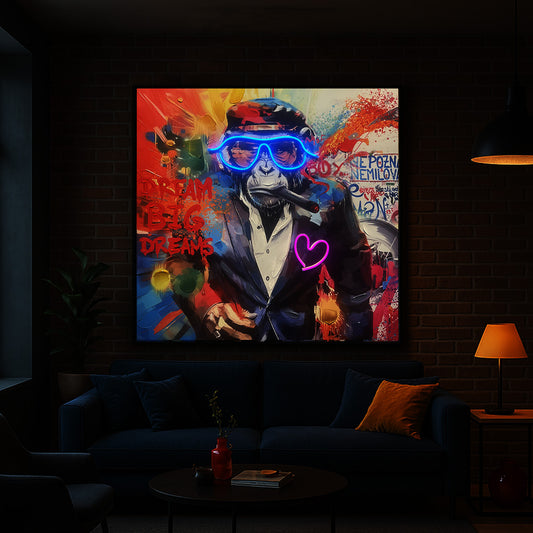 Tableau DREAM BIG Gorille - Décoration Murale LED - Style Graffiti