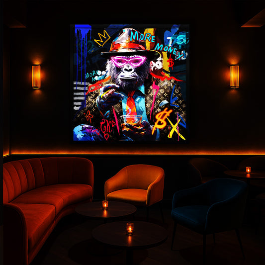 Tableau Funky Gorille -  Art Mural LED- Figure élégante et style graffiti vibrant