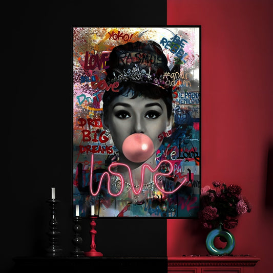Tableau Audrey Bubble Gum - Œuvre d'Art Originale avec LED - Pop Art Contemporain