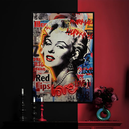 Tableau Marilyn Red Lips - Œuvre d'Art Murale Pop Art avec LED - Pièce Iconique Contemporaine