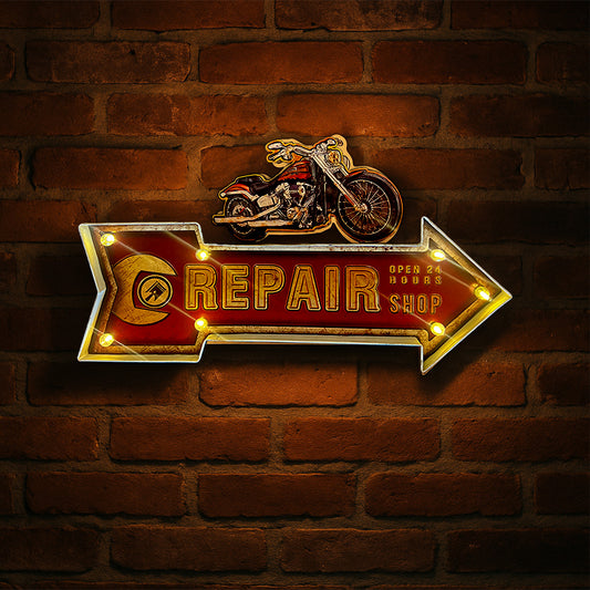 Plaque Métallique Vintage Garage Moto - Enseigne Lumineuse Rétro "REPAIR SHOP" 24h - Décoration Murale Années 50