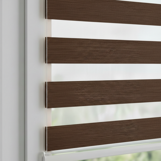 Store zebra uni effet lin coloris marron bronze rosé réf. V-8-Plus, store jour nuit sur mesure Bargaoui Rideaux