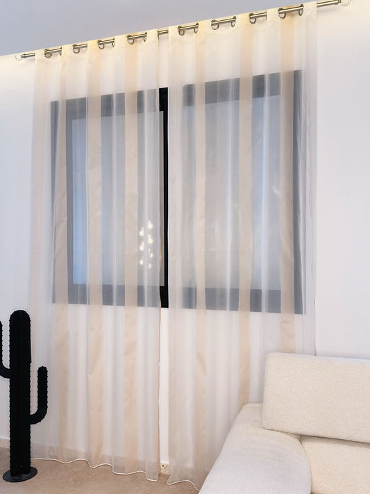 Voilage Organza Élégant Beige - Rideau Prêt à poser avec anneaux en acier argenté