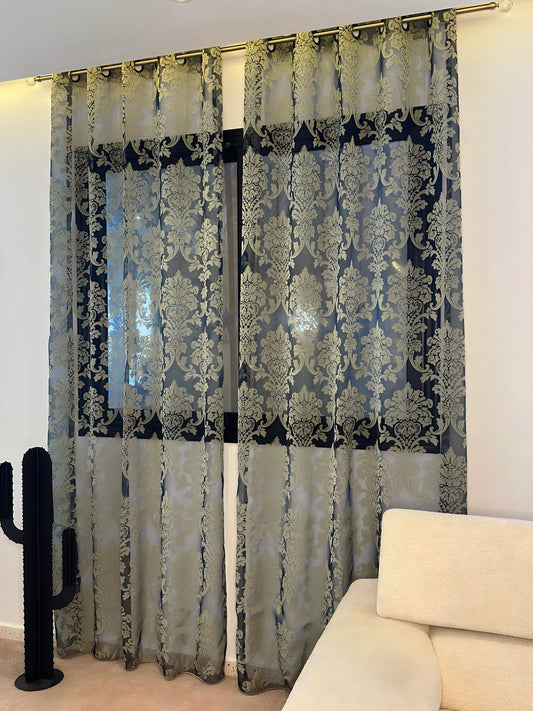 Voilage Organza Luxe Motif Baroque Bleu Nuit et Or - Prêt à poser avec anneaux en acier argenté