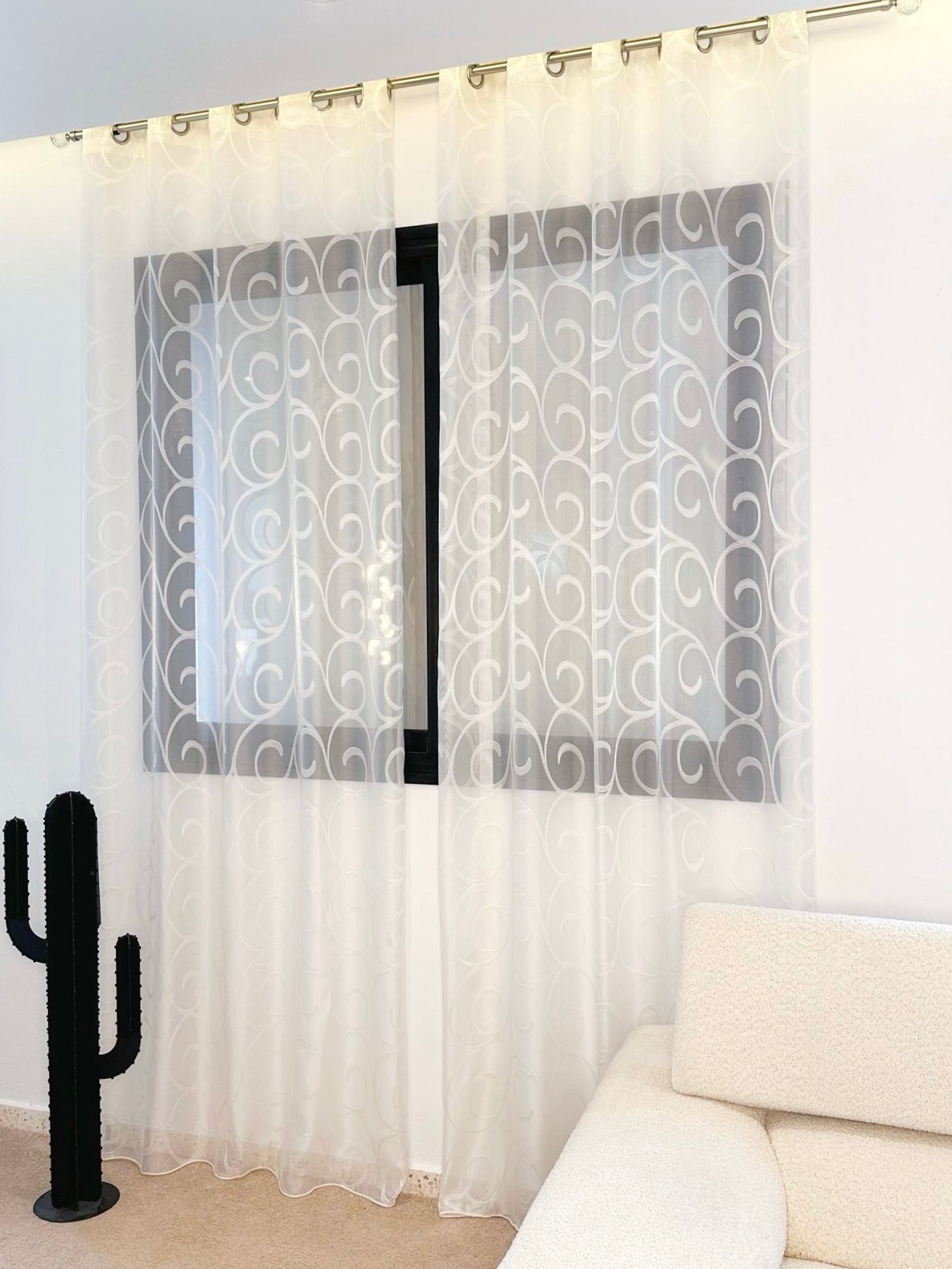 Voilage Organza Blanc - Motif Tourbillon Transparent - Prêt à poser avec anneaux en acier argenté