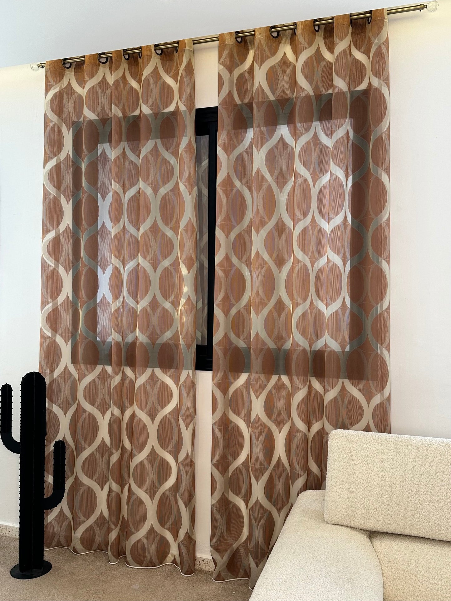 Voilage Organza Transparent Marron - Motif Géométrique - Prêt à poser avec anneaux en acier argenté