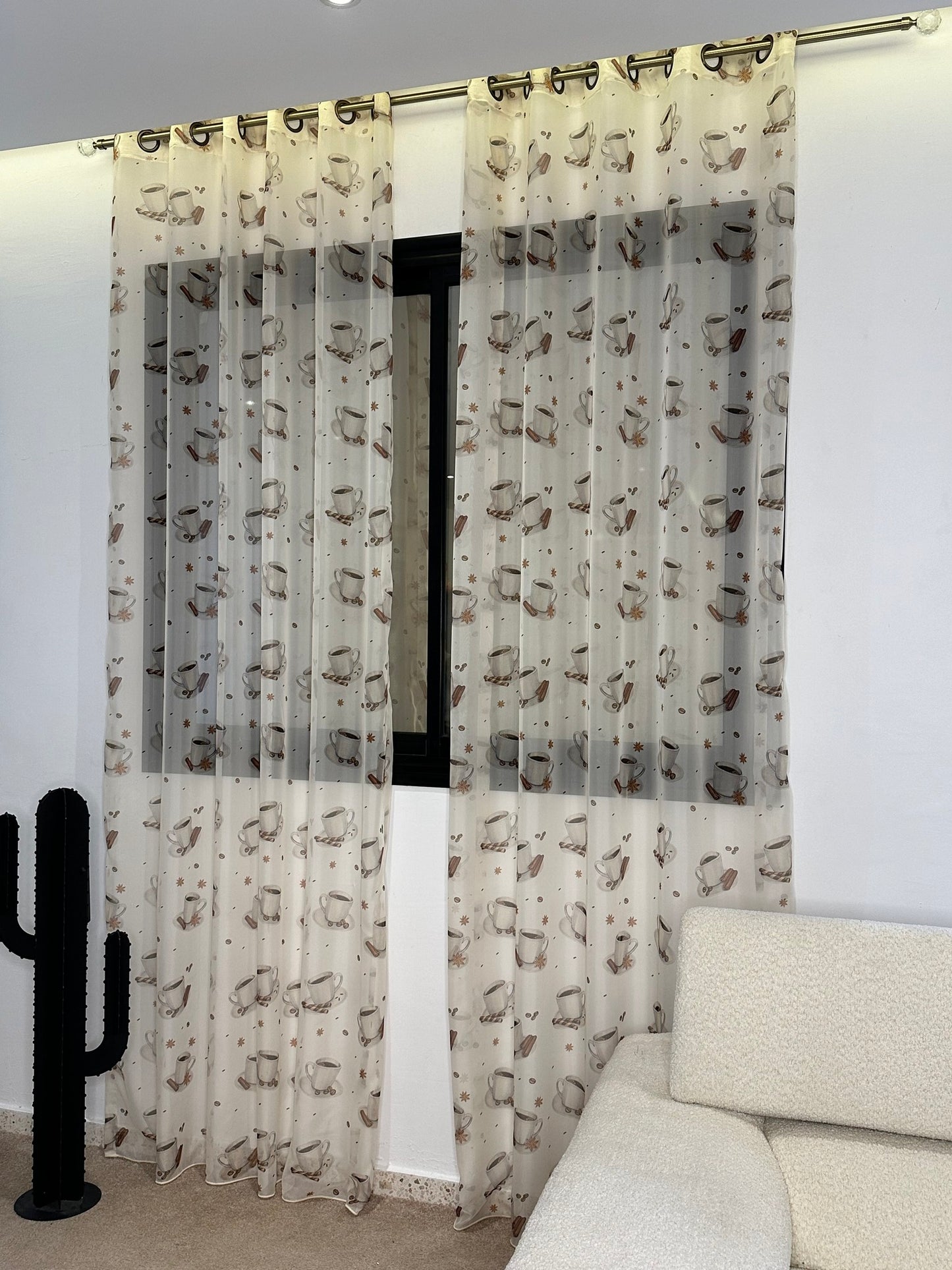 Voilage Organza Transparent avec Motif Café  Prêt à poser avec anneaux en acier argent