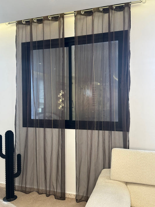 Voilage Organza Anthracite avec Bande Horizontale - Rideau Transparent Moderne Prêt à Poser avec Anneaux en Acier