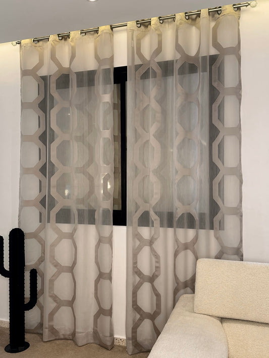 Voilage Transparent Blanc avec Motif Hexagonal - Prêt à poser avec anneaux en acier argenté