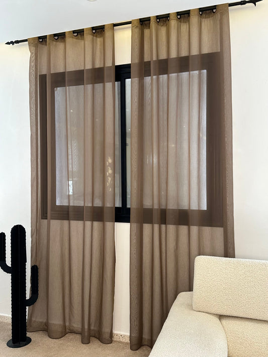 Voilage Transparent Marron en Organza - Prêt à poser avec anneaux en acier argenté