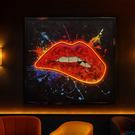 Tableau contemporain - Lèvres Rouges - néon LED avec éclats artistiques