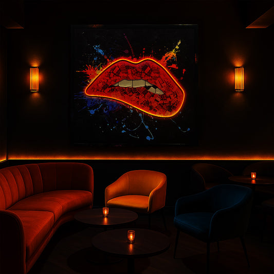 Tableau contemporain - Lèvres Rouges - néon LED avec éclats artistiques