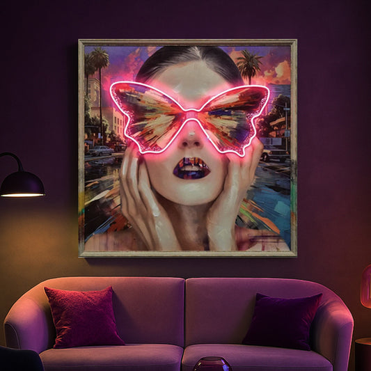 Tableau contemporain - Portrait Papillon - néon avec ambiance urbaine et vibrante
