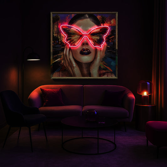 Tableau contemporain - Portrait Papillon - néon avec ambiance urbaine et vibrante