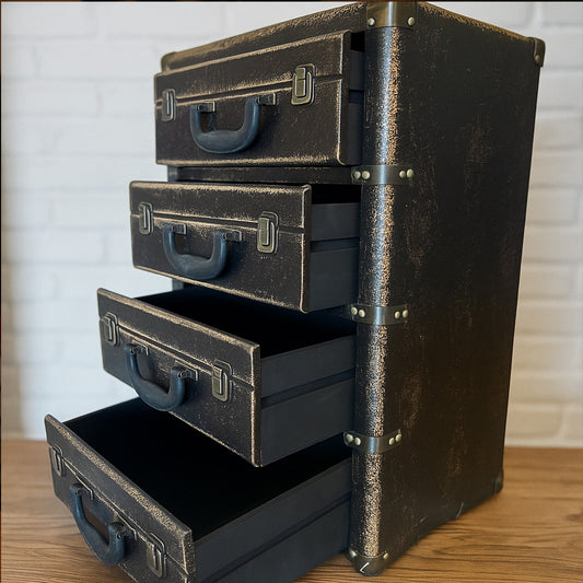 Malle Vintage à 4 Tiroirs Style Valise - Meuble de Rangement Rétro en Cuir Noir avec Finitions Dorées
