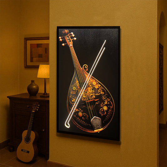 Tableaux Mandoline Dorée - Œuvre d'Art Originale avec LED - Instrument de Musique Contemporain