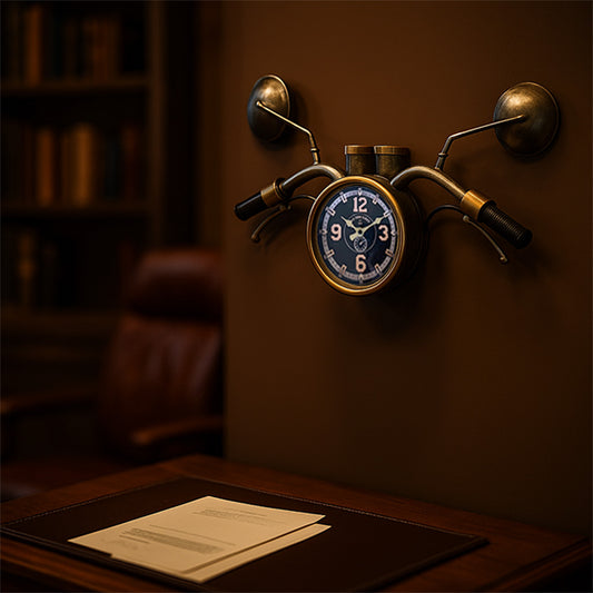 Horloge Murale Moto Vintage - Guidon de Moto avec Rétroviseurs Style Industriel