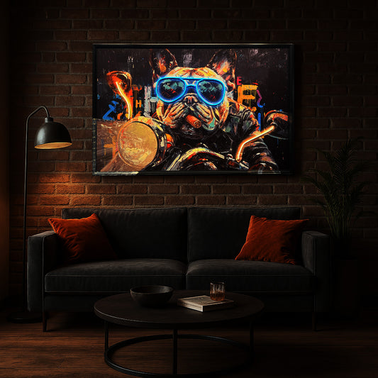 Tableau Bulldog Biker - Œuvre d'Art Murale avec LED -  Décoration Contemporaine