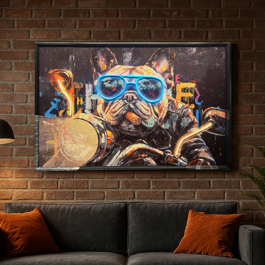 Tableau Bulldog Biker - Œuvre d'Art Murale avec LED -  Décoration Contemporaine