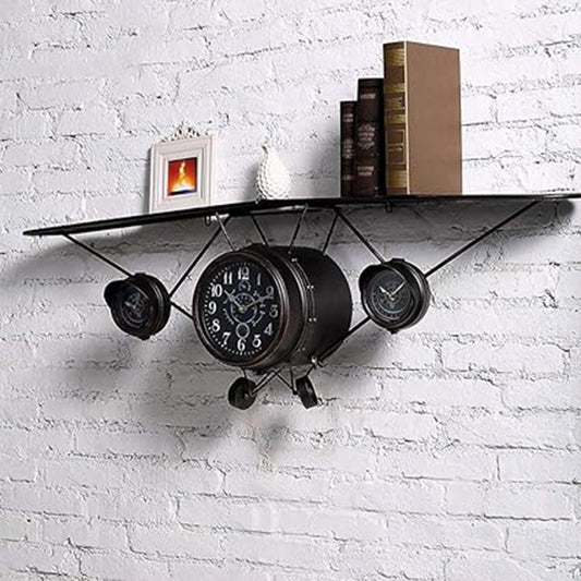 Étagère Murale Avion Vintage avec Horloge - Décoration Industrielle Style Rétro Aviation