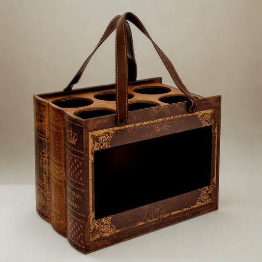 Panier Porte-Bouteilles Vintage Style Livre Ancien - 6 Bouteilles avec Poignées Cuir