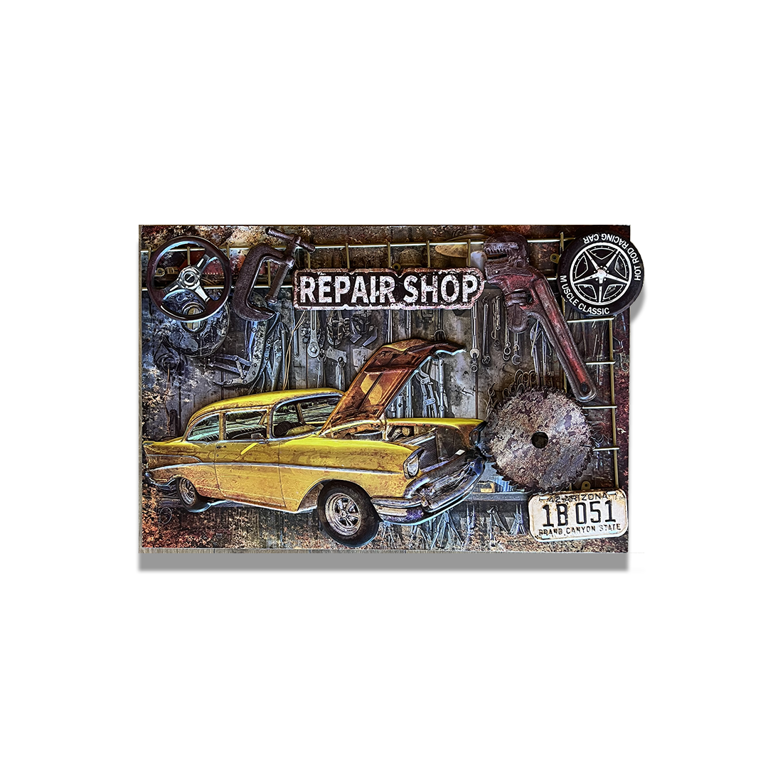 Plaque Métallique carré motif 3D en relief repair shop Décoration Murale Américaine Vintage bar  garage café coffeshop Idée Cadeau Tunisie