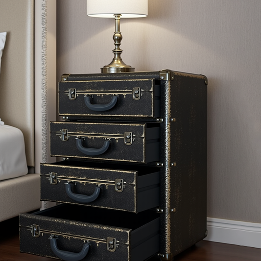 Malle Vintage à 4 Tiroirs Style Valise - Meuble de Rangement Rétro en Cuir Noir avec Finitions Dorées