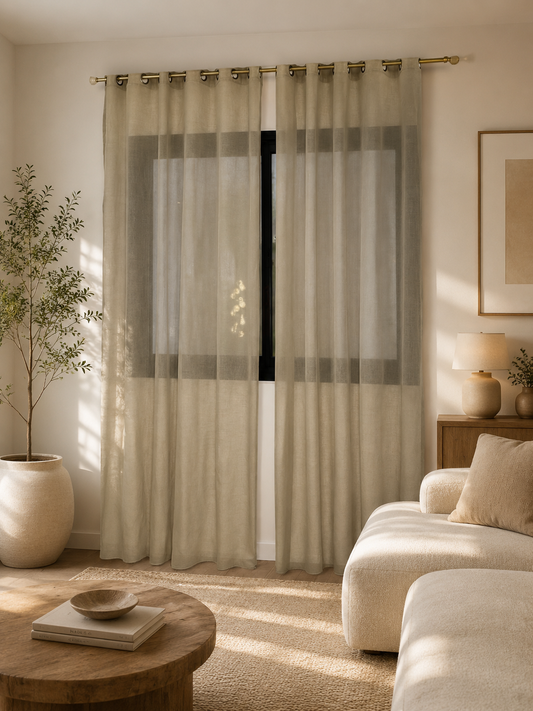 Rideau en lin vert gris apaisant chic finition anneaux