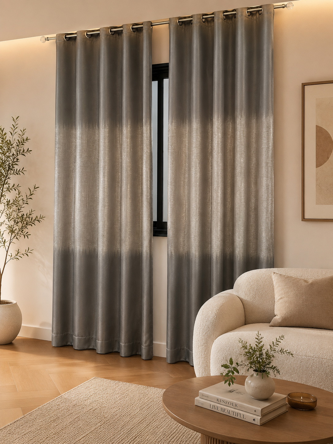 Rideaux Tamisant Gris avec bande doré Décoration chambre ou salon