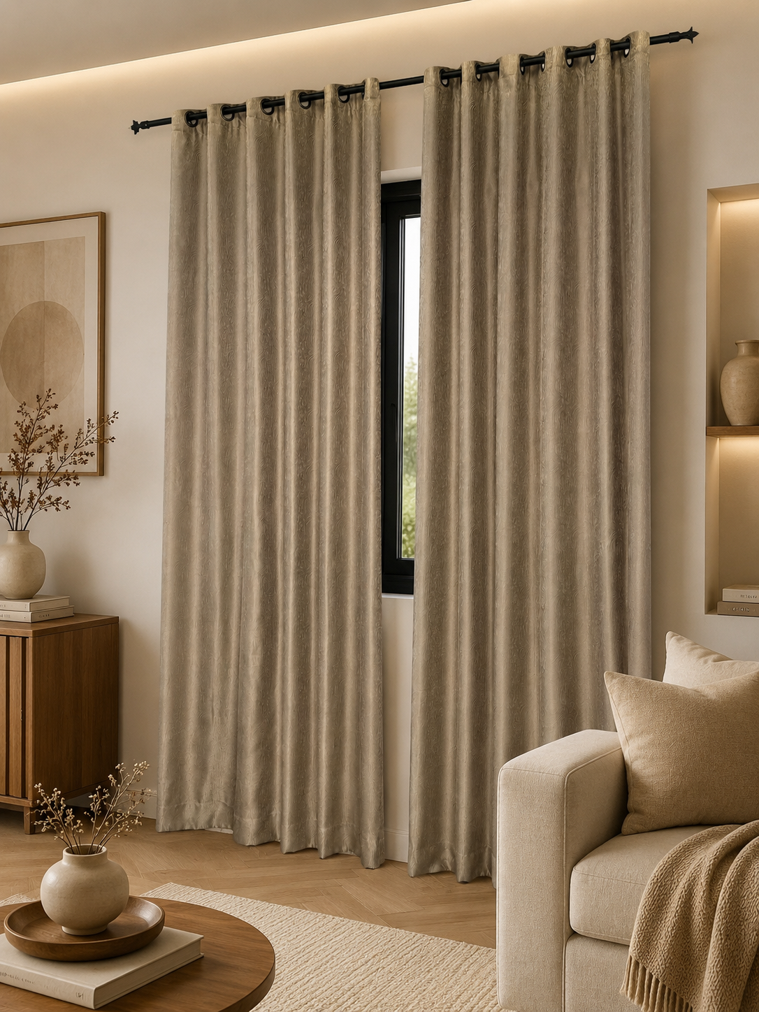 Rideaux décoratifs installation tamisant facile couleur grège effet bois bronze