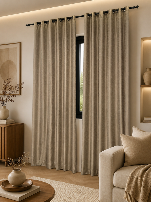 Rideaux décoratifs installation tamisant facile couleur grège effet bois bronze
