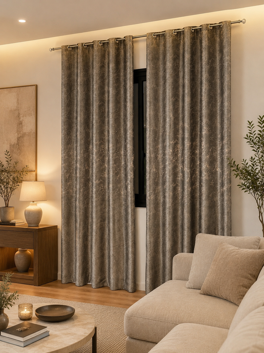 Rideau Prêt à Poser Tafta Gris Motif Orage Bronze anneaux Argents