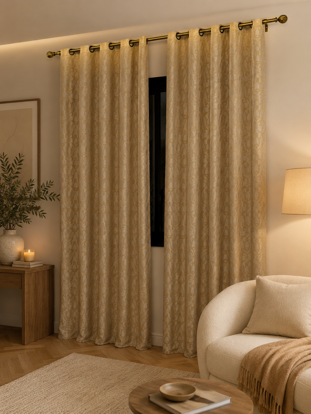 Rideau pret à poser beige foncé anneau bronze 