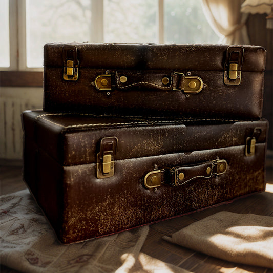 Lot de 2 Valises Vintage en Cuir Marron - Valises Anciennes Décoratives avec Sangles et Fermoirs Dorés